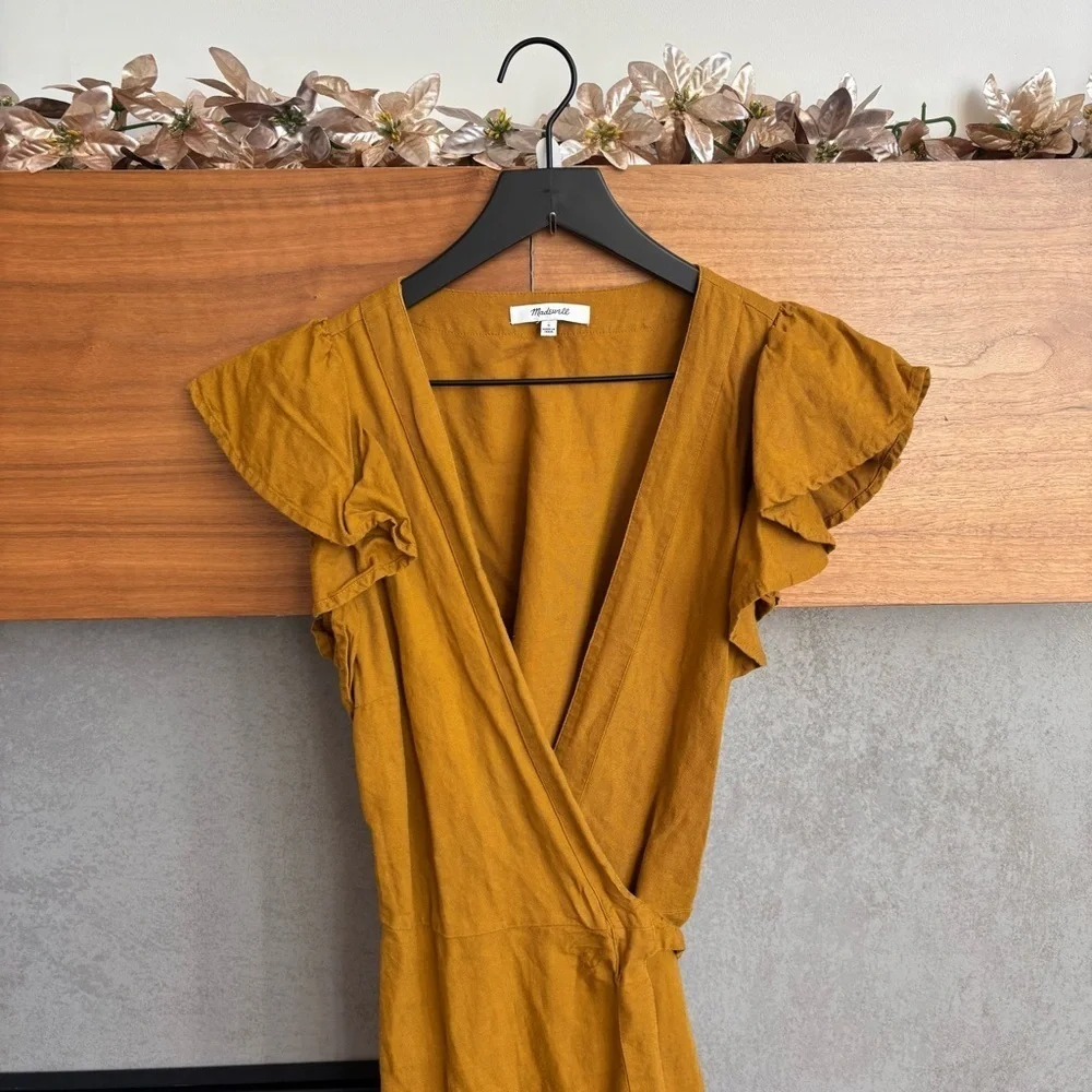 Madewell Linen-Blend Ruffle-Sleeve Wrap Midi Dress, Size S
